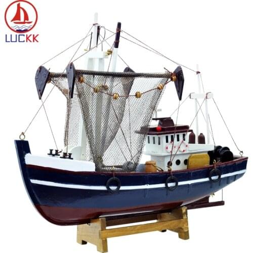 LUCKK Blue Color Fishing Boat Wooden Sailboat Model Home Decoration 27*30*9.5cm Gift for Children and Adult