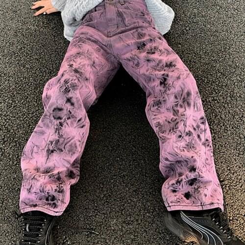 Large Size 5XL Purple Tie-dye Jeans Women Spring And Autumn Fashion Street Personality Loose Drape Straight Denim Trousers