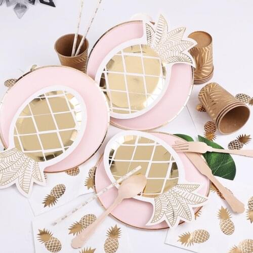 Hawaii Pineapple Rose Gold Disposable Tableware Gold Plate/Napkin/Cup Adult Happy Birthday Party Decor Kids Wedding Supplies