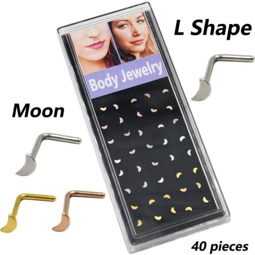 20G Dainty Crescent Moon Icon L-Shaped Nose Ring Piercing Nose Stud Body Jewelry 40pieces Box Set-Heart,Moon,Star,Ball Designs