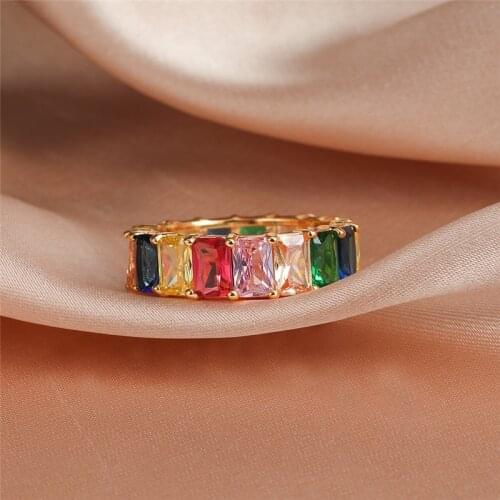 Cute Female Rainbow Square Crystal Ring Yellow Gold Color Wedding Rings For Women Charm Bride Engagement Ring