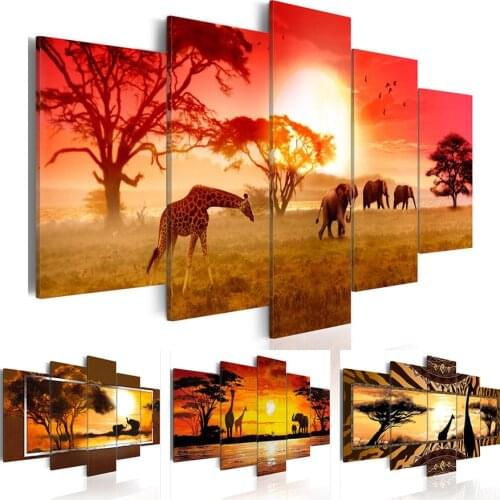 Modular Pictures Canvas 5 Panel Painting Elephant Giraffe Sunset Scenery Poster Print Wall Art Living Room Home Decor Framework