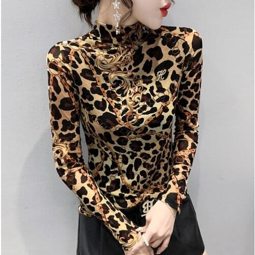 New 2021 Autumn Winter Womens T-Shirt Fashion Long Sleeve Turtleneck Leopard Mesh Tops M-4XL Plus Size Women Clothing