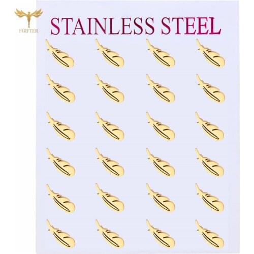 New Fashion Feather Stud Earrings For Women Girl Gift Ear Piecing Rings Stainless Steel Jewelry Wholesale 12 Pairs