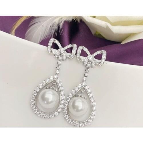 100% Silver Color Luxury Diamond Pearl Dangle Earring For Women Wedding Engagement Girls Earrings Jewelry Earrings