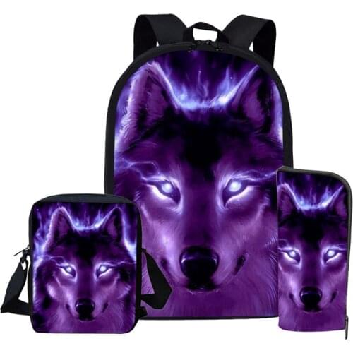 Color animal 3pcs Set Girl Boy Backpack Wolf Printing Schoolbag College Student Mochila Rucksack Kid School Bags Escolar