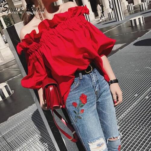 Autumn Fashion Pure Color Lantern Sleeve Minute Sleeve Lotus Leaf Side Off Shoulder Top Slash Neck Streetwear Red Female Tops