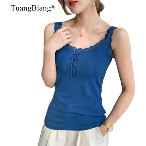 Lace Summer Buttons Sleeveless Cotton T-Shirt Women Solid Color Casual Lady Slim Blue Vest Female Elasticity Black Pink Crop Top