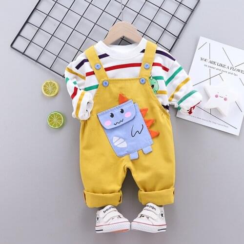 Spring Children Baby Clothes Kids Girls Cartoon Dinosaur Long Sleeve T-Shirts Overalls 2pcs Sets Infant Toddler Cotton Clothing