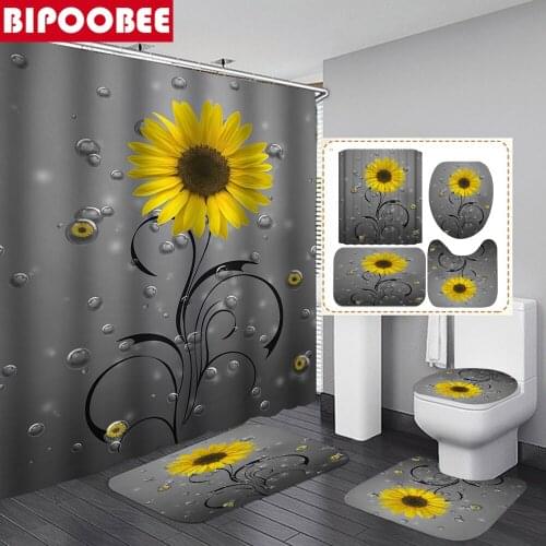 Yellow Flowers Shower Curtain Sunflower Bathroom Set Non-Slip Carpet Toilet Lid Cover Waterproof Fabric Bath Curtains with Hooks