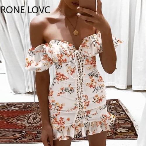 Women Strapless Floral Print Off Shoulder Eyelet Lace-up Ruffles Mini Sxey Dress Elegant Dress