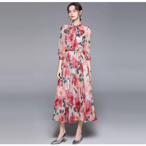 New Designer Runway Summer Womens Party Dress Fashion Puff Sleeve Floral-Print Bohemia Elegant High Waist Chiffon Dresses