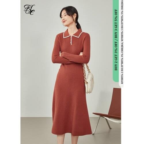 FANSILANEN Women Contrast Polo Collar Knitted Dress Winter New Solid Color Commuter Long Skirts All-match Stretch Slim Fit Dress
