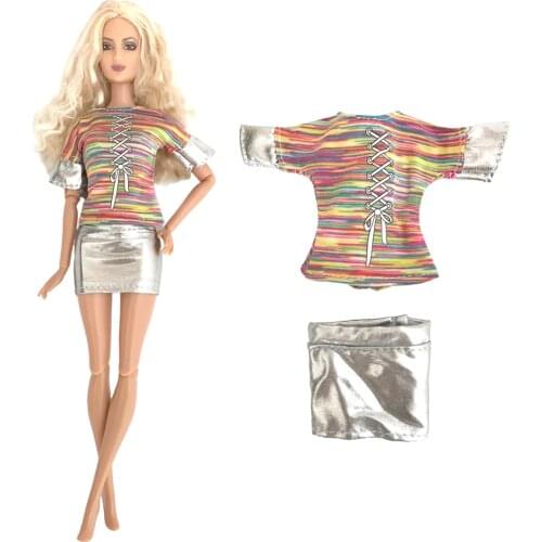 2Pcs / 1 Set Cool Dress Colorful Dream Skirt Pretty Shirt Casual Party Style Costume For Barbie Doll Girl Accessories 293E