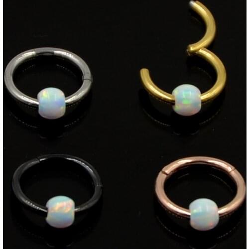 White Opal G23 Titanium Nose Ring Clicker Hinged Segment Septum Labret Lip Tragus Cartilage Ring Piercing Jewelry