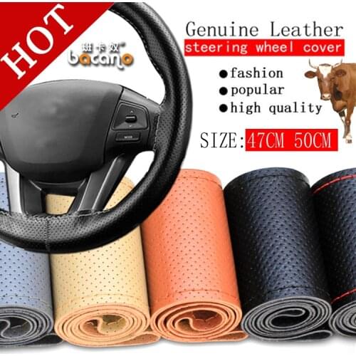 Free Shipping BACANO Truck Bus SUV Genuine Leather Steering Wheel Cover, 47cm 50cm ,DIY Handmade Case With Needles and Thread