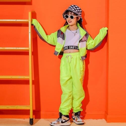 Children Hip-Hop Clothes New Girls Jazz Dance Stage Costume Performance Set Reflective Top Pants Kids Hiphop Dance Clothing 3313