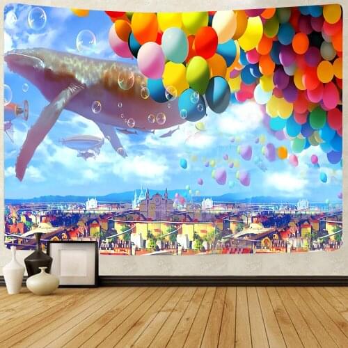 Fantasy Kingdom Castle Tapestry Colorful Balloons Dolphin Art Wall Hanging Tapestries for Living Room Home Decor