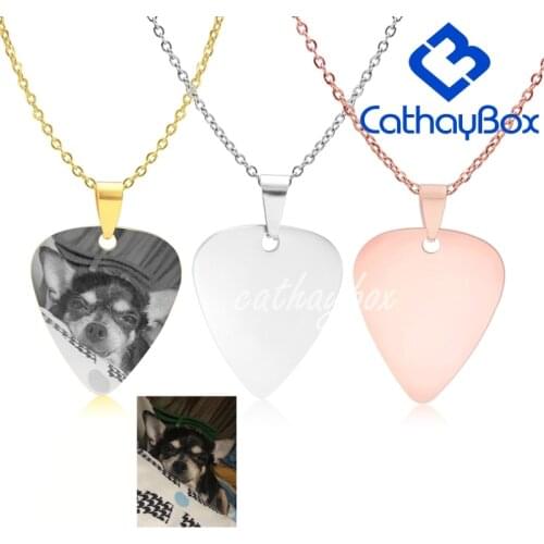 Personalized Stainless Steel Guitar Pick Blank Dog Tag Engrave Photo Name Charm Key Chain Pendant W/ SS Chain 50CM