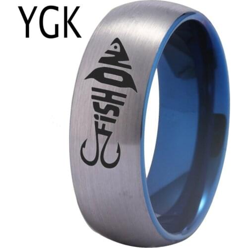 YGK Jewelry Fish and Hooks Design Matte Silver With Blue Tungsten Ring New Mens Wedding Engagement Anniversary Gift Ring
