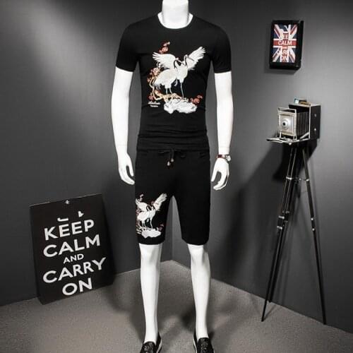 Summer Retro Floral Embroidery Tracksuit Men Breathable Cotton T-shirt Shorts Set Conjunto Masculino Plus Size M-5XL Casual Suit