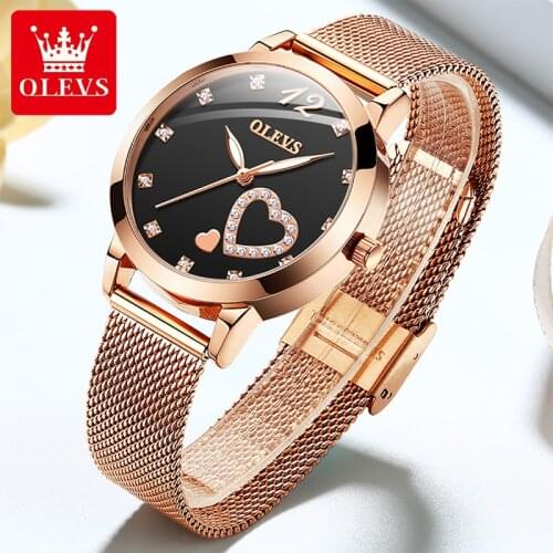OLEVS 2021 New Fashion Love Quartz Casual Watches Dual Calendar Milanese Mesh Belt 30M Life Waterproof Luminous Watch 5189