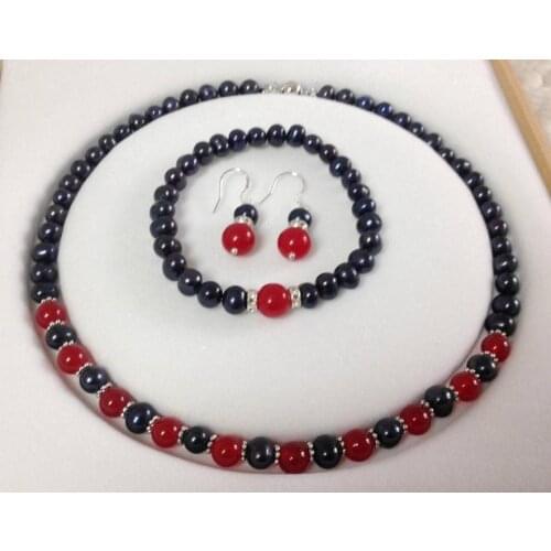 NEW 7-8mm Black Pearl Red Jade Necklace Bracelet Earring Set 18"