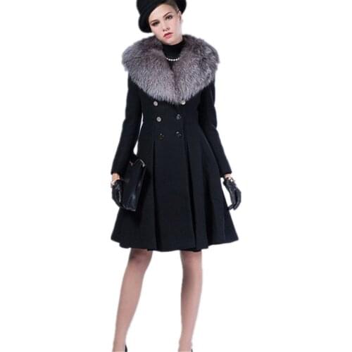 Autumn Winter New Jacket Womens Woolen Coat With Hit Color Fur Collar Long Woolen Coat