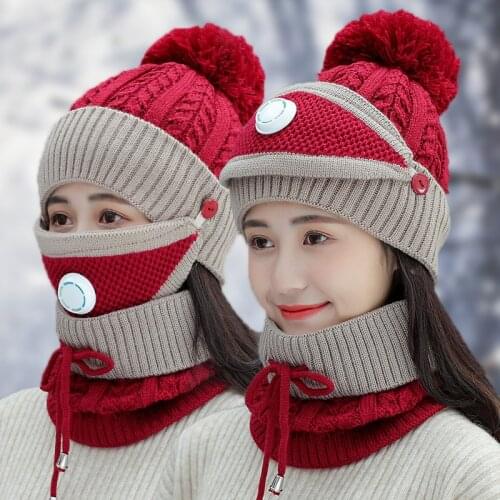 Autumn and Winter Woolen Hat Set Ladies Warm Plus Velvet Knitted Woolen Hat Bib Two-piece Woolen Hat