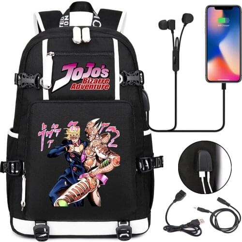 JoJos Bizarre Adventure USB Charging Backpack Headphone Teenager Student Rucksack Canvas Cartoon Schoolbag Travel Laptop Bag