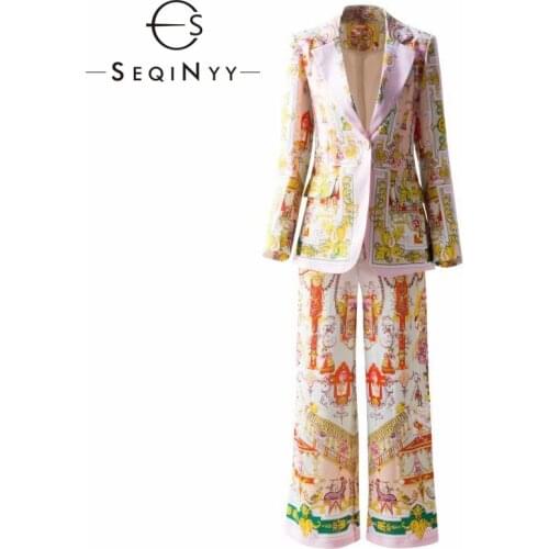 SEQINYY Pink Suit Spring Autumn New Fashion Design Women Runway Blazer + Loose Pants Vintage Flowers Print Pocket Elegant