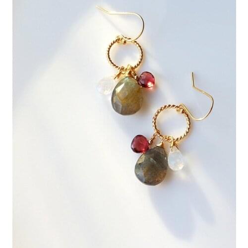 Lii Ji Genuine Labradorite Garnet Moonstone Drop Beads Earrings Handmade Vintage 925 Sterling Silver 18K Gold Color Jewelry