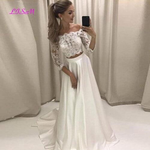 Two Pieces Wedding Dress Off the Shoulder Lace Satin Boho Wedding Gowns with Half Sleeves A-Line Beach Bride Dresses