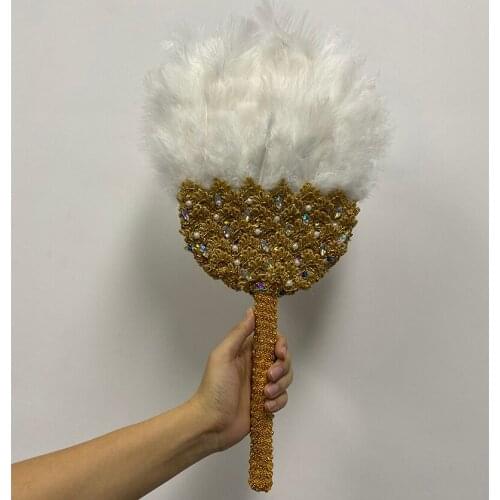 1Pc/bag African Blue Turkey Feather Hand Fan Handmade Fans for Wedding Decoration Hand Fan with Stones Double-sided Feather Fan