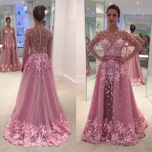 Vintage Pink Mermaid Evening Gowns Detachable Train Long Sleeve With Appliques Flower Illusion Tulle Prom Gowns 2018 Party Dress