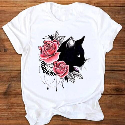 Women Graphic Cartoon Cat Animal Flower Fashion Printing 90s Style Print Clothes Lady Tees Tops Female T Shirt Womens T-Shirt