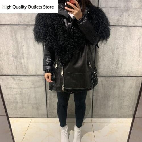 Lady leather jacket lamb fur collar splicated with down
