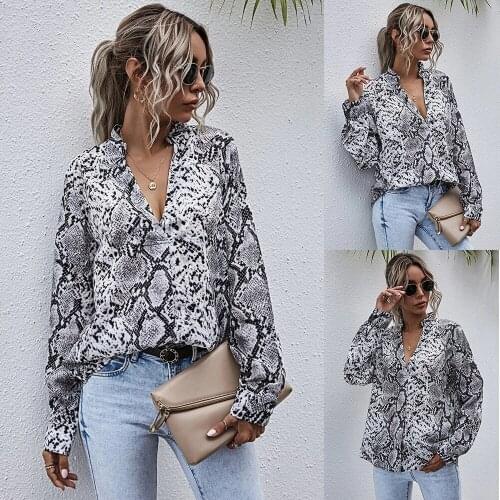 Autumn And Winter Womens Shirt Snake Skin Print V-Neck Long Sleeve Fashion Versatile Shirt For Woman Blouses