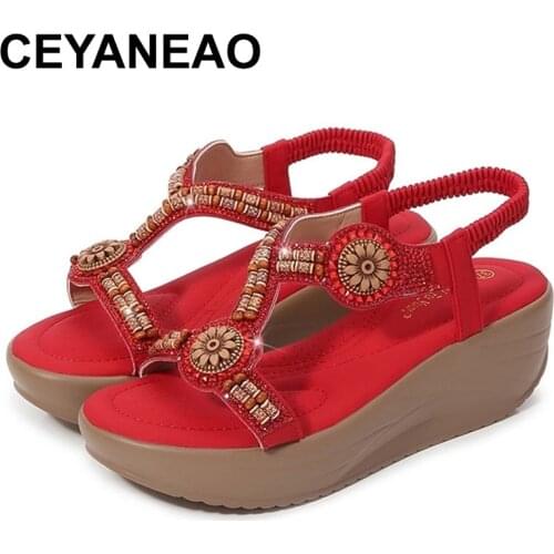 CEYANEAO Women Sandals Bohemian Summer Sandals Rhinestone Lady Shoes Elastic Beach Shoes Fashion Street Footwears Zapatos Mujer