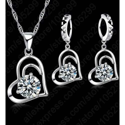 Top Fashion Class Wedding Jewelry Sets 925 Sterling Silver Gem Cubic Zirconia LOVE Heart Pendant Necklaces Dangle Earrings