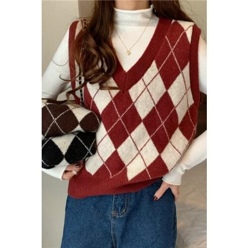 0805 Plaid Knitted Vest Women Autumn New V-Neck Casual All-Match Vintage Fashion Popular Trendy Office Lady Daily Waistcoat Tops