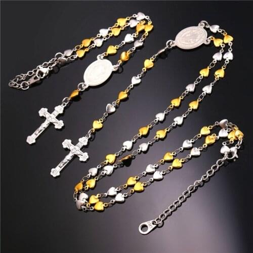 Collare Rosary Chain Jewelry Sets Heart Cross Stainless Steel Gold Color Saint Benedict Medal Bracelet Necklace Sets Women S222