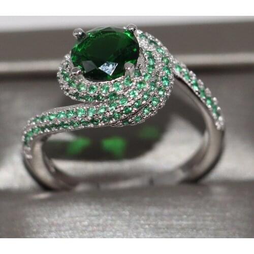 Size5/6/7/8/9/10 New Women Luxury Jewelry Cute 925 Sterling Silver Round Cut Green Cubic Zirconia CZ Girl Cute Wedding Band Ring
