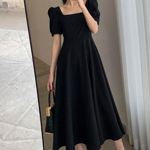 Black Dress for Women 2021 Summer Retro Square Collar Puff Sleeve Long Woman Dresses Vestido De Mujer Femme Robe