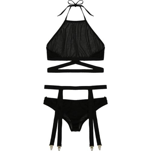 Womens See-through Mesh Lingerie Set Erotic Sexy Sheer Mesh Underwear Halter Lace-up Backless Crop Top with Briefs Garters