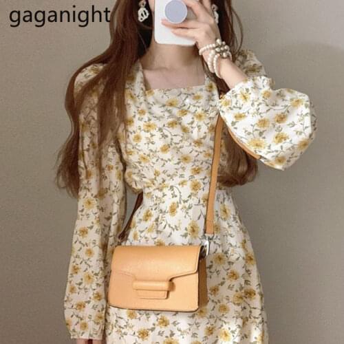 Gaganight Women Chiffon Flower Maxi Dress Long Sleeve Square Collar Chic Korean Vestidos Slim Bodycon Dresses 2021 New Arrivals