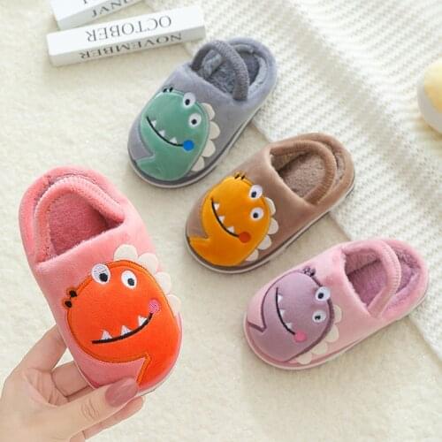 2020 Winter Children Girls Cartoon Dinosaur Indoor Home Fleece Warm Slippers Boys Kids Casual Non-Slip Cotton Shoes