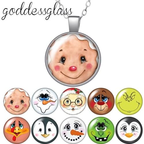 Winter Christmas Snowman Santa Claus penguin Face Round Glass glass cabochon silver plated/Crystal pendant necklace jewelry Gift