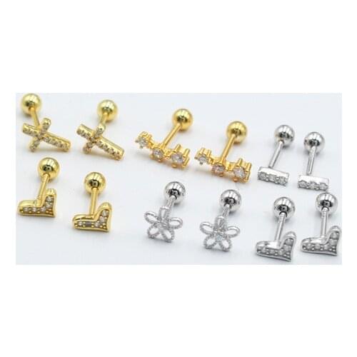 925 Sterling Silver Earring Green Zircon Square Flower Vertical Cross Screw Stud Earring Ear Bone Nail Women Girl Ear Jewelry