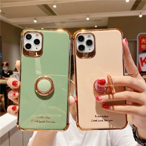 Case For iPhone 12 11 Pro Max Mini Luxury Gold Plating Phone Metal Holder Ring Cases for iPhone 8 Plus 7 XS XR X Silicone Cover